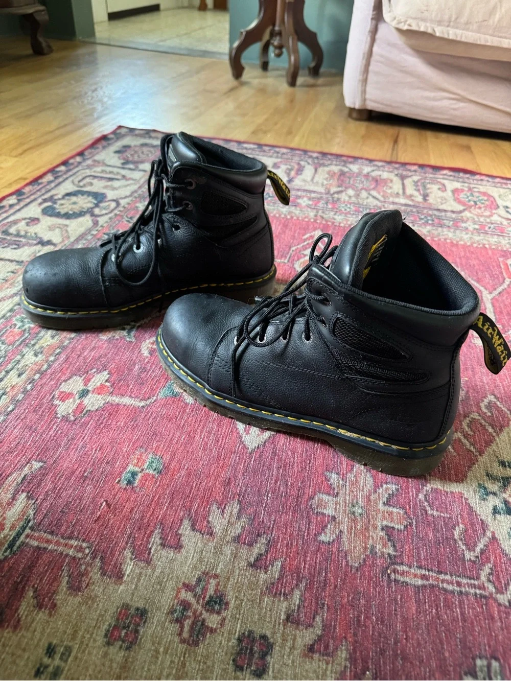 Dr. Martens Black Lace-Up Industrial Safety Boots with Yellow Stitching